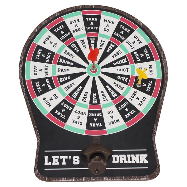 Magnet-Dart-Trinkspiel mit Flaschenöffner, zwei Magnet-Darts und Aufschrift Lets Drink.