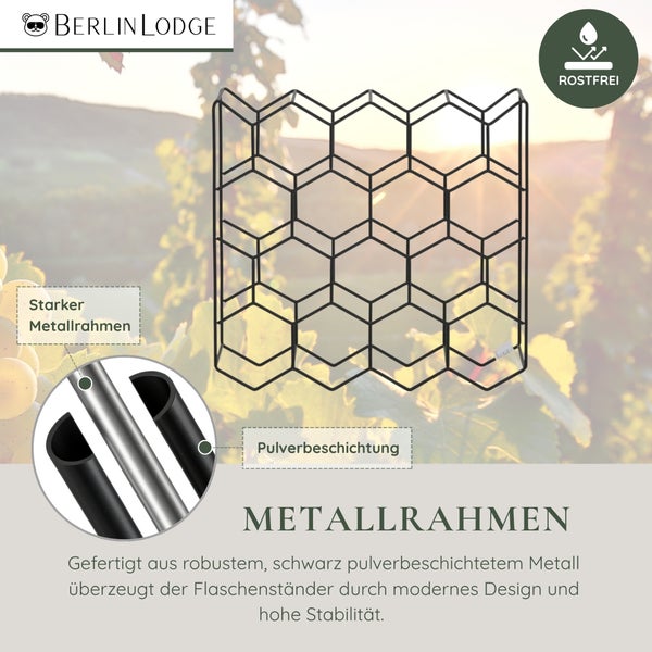 Berlin Lodge Flaschenregal aus Metall mit Wabenstruktur, rostfrei und pulverbeschichtet, Detailansicht des starken Metallrahmens.