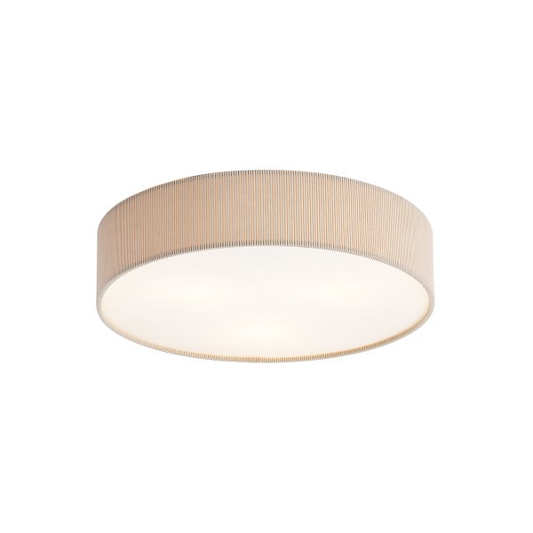 Runde Deckenleuchte mit beigem Stoffschirm in Rippenoptik und weißem Diffusor.