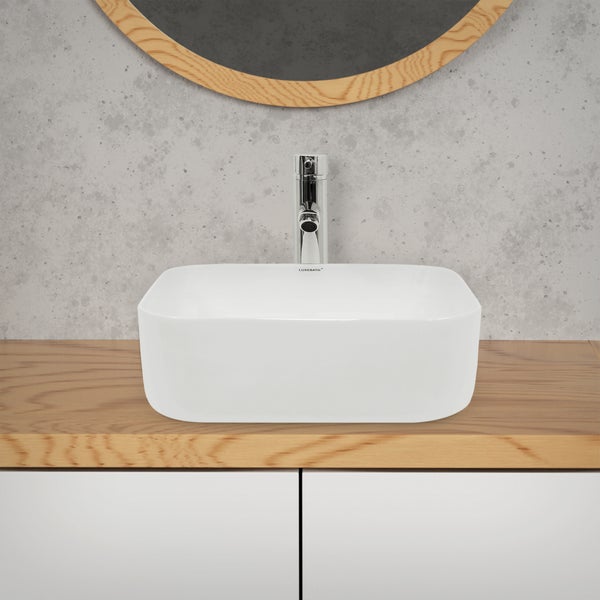 ECD Germany Waschbecken Waschtisch Keramik 390x390x140 mm Weiß inkl. Ablaufgarnitur für Waschbecken ohne Überlauf Aufsatzbecken Aufsatzwaschbecken Aufsatzwaschtisch Waschschale Spülbecken Becken