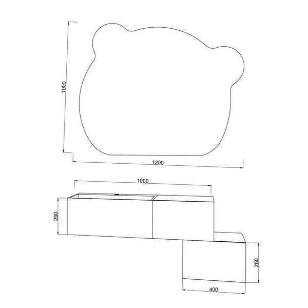 Technische Zeichnung eines Waschbeckenunterschranks mit Spiegel in Bärenform und Maßangaben.