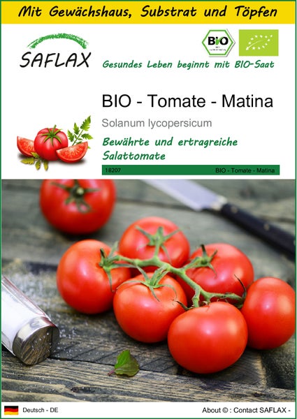 SAFLAX Anzucht Set - BIO - Tomate - Matina - Solanum lycopersicum - 10 Samen - Mit Mini-Gewächshaus, Anzuchtsubstrat und 2 Töpfen
