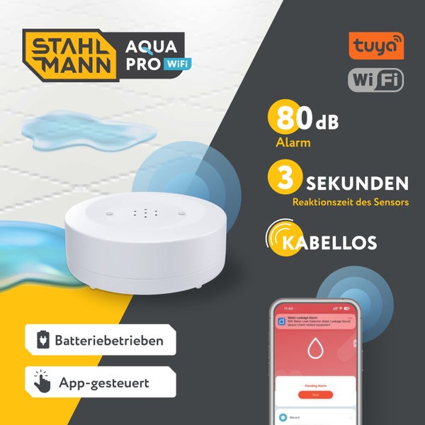 Stahlmann Aqua Pro WiFi Wassermelder, kabellos, batteriebetrieben, App-Steuerung, 80 Dezibel Alarm und 3 Sekunden Reaktionszeit.
