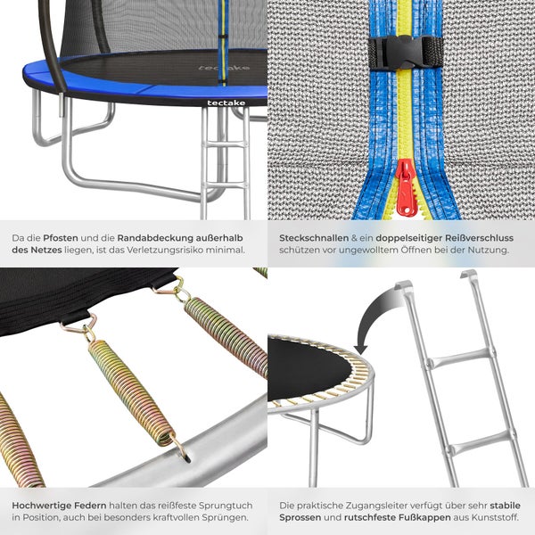 Trampolin-Details: Sicherheitsnetz mit Reißverschluss und Schnallen, außenliegende Randabdeckung, tectake Logo, Stahlfedern und Einstiegsleiter.