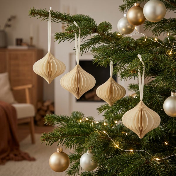 Weihnachtsbaum geschmückt mit Papieranhängern und Kugeln in einem wohnlich eingerichteten Raum.