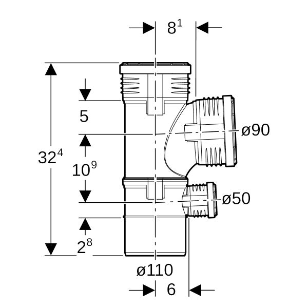 Maßzeichnung eines Abzweigrohrs für Abwassersysteme mit Durchmessern von 110 Millimeter, 90 Millimeter und 50 Millimeter.