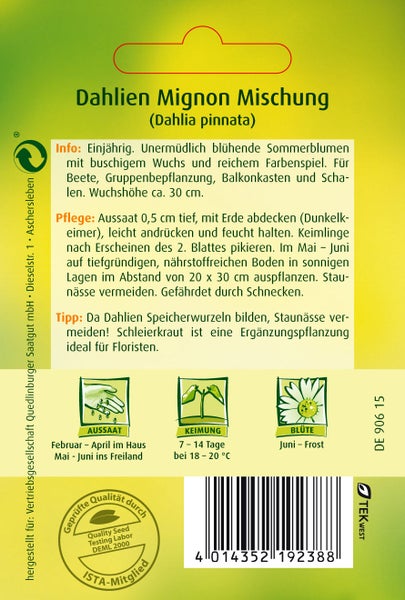 Rückseite Samentüte Dahlien Mignon Mischung, Wuchshöhe circa 30 Zentimeter, Aussaat ab Februar, Keimung 18 bis 20 Grad Celsius, Blüte bis Frost.