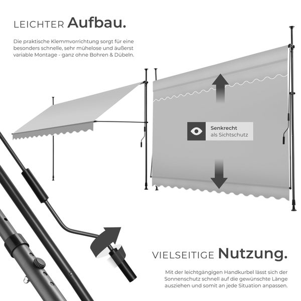 Klemmmarkise tectake  einfache Montage mit Handkurbel hellgrau
