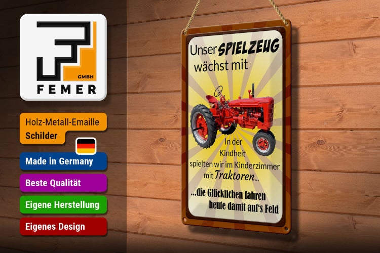 Blechschild Spruch 20x30cm Spielzeug wächst mit Traktor