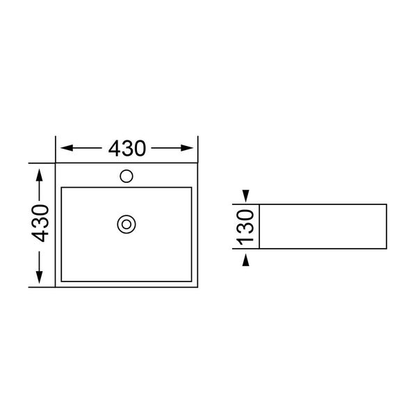 Maßzeichnung für ein quadratisches Waschbecken mit den Maßen 430 mal 430 Millimeter und einer Höhe von 130 Millimeter.
