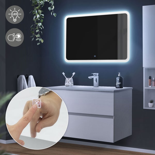 ML-Design Badspiegel, Weiß, Led-Spiegel mit Touchschalter 90 x 60 cm, Glas, Badezimmerspiegel mit Beleuchtung, Spiegel, Wandspiegel, Touch-Bedienung, Lichtspiegel, Badezimmer Spiegel mit LED-Licht