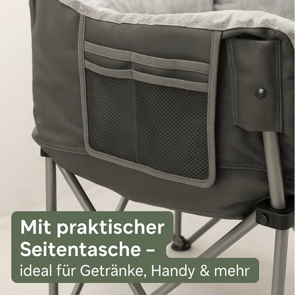 Detailansicht eines Campingstuhls mit praktischer Seitentasche für Getränke und andere Utensilien