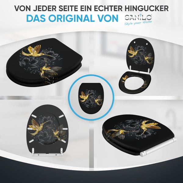 Sanilo WC Sitz mit Kolibri Motiv in verschiedenen Ansichten für eine moderne Badgestaltung.
