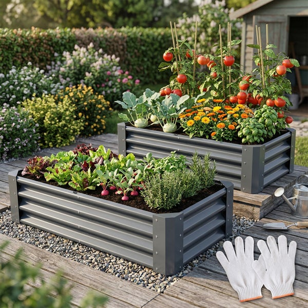 Zwei anthrazitfarbene Hochbeete aus Metall auf einer Holzterrasse, bepflanzt mit Salat, Tomaten und Kräutern, im Hintergrund ein Garten.