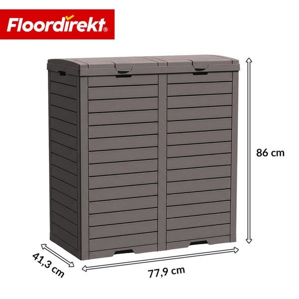 Gartenschrank mit den Maßen 86 cm Höhe, 41,3 cm Tiefe und 77,9 cm Breite.