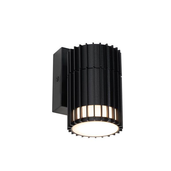 Zylindrische Außenwandleuchte in Schwarz mit gerippter Oberfläche und LED Lichtquelle.