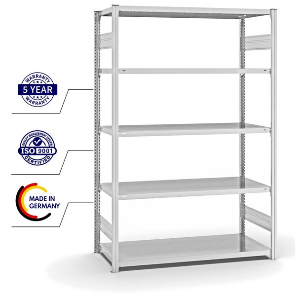 PROREGAL Fachbodenregal Stecksystem T-Profil Medium-Duty Grundregal HxBxT 200 x 130 x 60 cm 5 Ebenen Fachlast 240 kg Beidseitig Nutzbar Lichtgrau