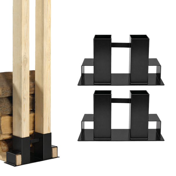 Zwei Kaminholzregalverbinder aus Metall für die Holzstapelung im Innen und Außenbereich