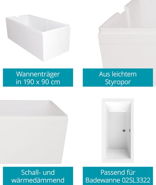Calmwaters® Wannenträger 190 x 90 cm Modern Square 2, Passend für Rechteck-Badewanne 190x90 cm, Styroporträger, Schall- und wärmedämmend, Direkt verfliesbar, Badewannenträger in Weiß, 03AX3358