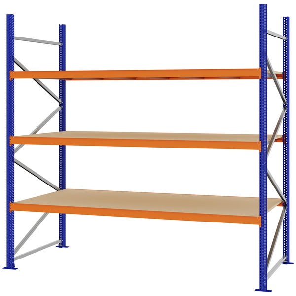 Schwerlastregal aus Metall mit drei Ebenen, blauen Ständern und orangefarbenen Traversen.
