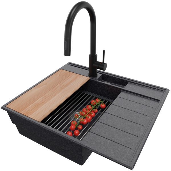 PRIMAGRAN Granitspüle Anthrazit 62x53cm, Spülbecken 1 Becken + Küchenarmatur 40x20cm + Ablauf-Set + Küchenzubehörset, Küchenspüle ab 45er Unterschrank - Sydney Pocket