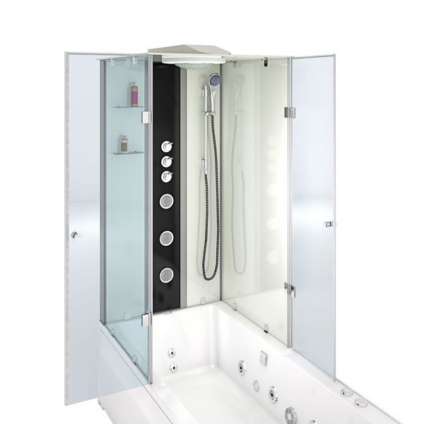 Moderne Dusch-Badewannen-Kombination mit Whirlpool-Düsen, Glasabtrennung, Duschpaneel mit Handbrause, Kopfbrause und Massagedüsen.
