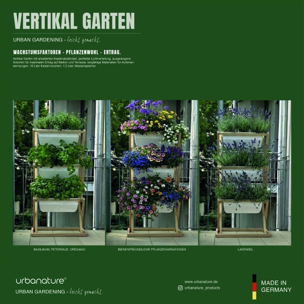 Drei hölzerne Vertikalgärten für Balkon oder Terrasse mit Kästen für Kräuter, Blumen und Lavendel. urbanature Logo. In Deutschland hergestellt.