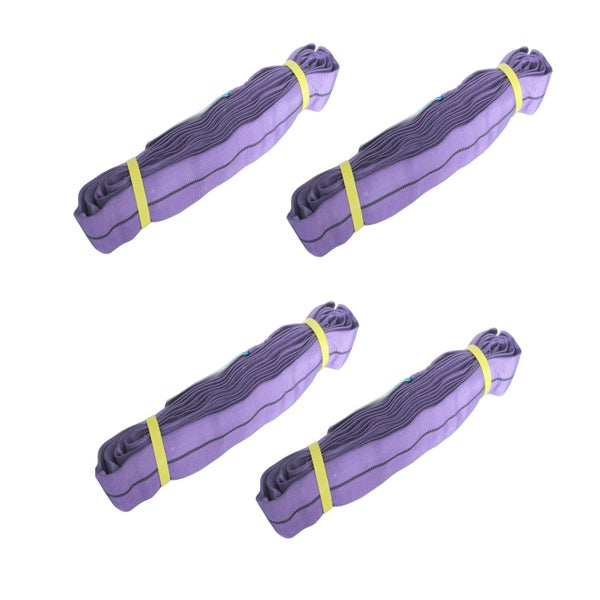 Vier violette Rundschlingen aus Polyester zum Heben von Lasten, einzeln gebündelt.