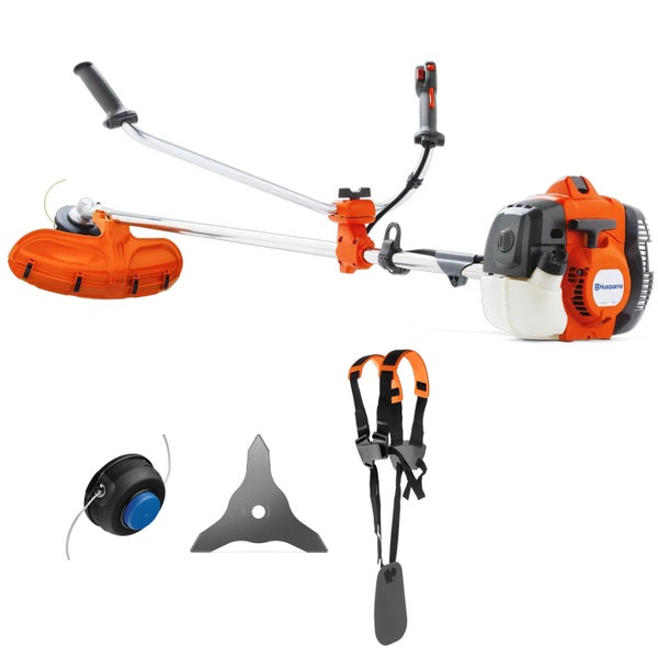 Freischneider mit Tragegurt, Fadenkopf und dreizackigem Messer