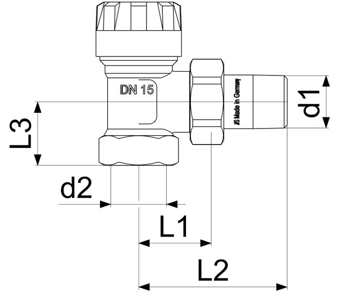 Maßzeichnung eines Heizkörperventils mit Nennweite 15 in Eckform mit beschrifteten Maßen für Längen und Durchmesser.