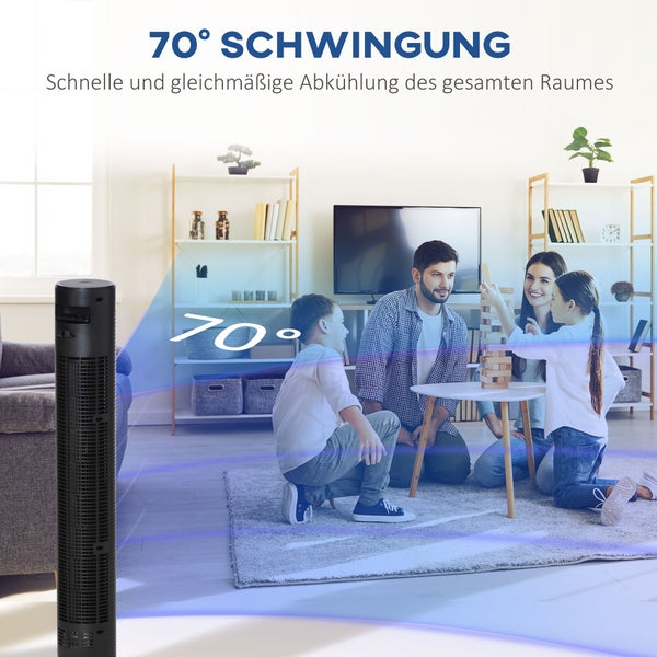 HOMCOM 3 leise Geschwindigkeitsstufen Turmventilator mit Fernbedienung, Säulenventilator mit Timer-Funktion, 45 W Standventilator, Vier Modi, 70° Oszillation, ABS, Schwarz, Ø31,5 x H117 cm