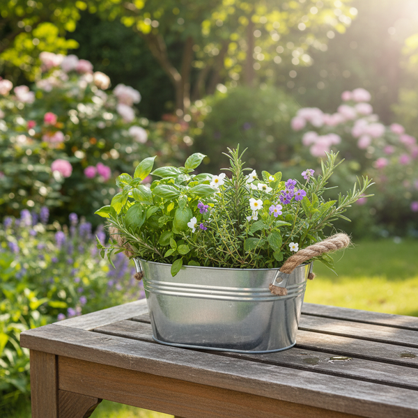 Verzinkte Kräuterwanne mit Seilgriffen auf einem Holztisch in einem hellen Garten, bepflanzt mit Basilikum, Rosmarin und Blumen.