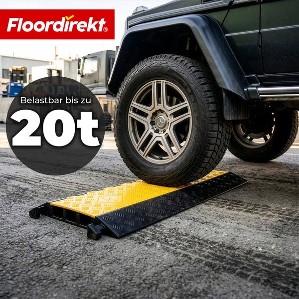 Floordirekt Logo. Schwarz gelbe Kabelbrücke auf Asphalt, über die ein Fahrzeugrad fährt. Belastbar bis zu 20 Tonnen.