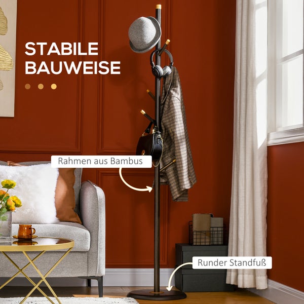 HOMCOM Garderobenständer, Garderobe mit 6 Haken, Kleiderständer, Standgarderob für Kleidung, Hüte, Flur, Eingang, Metall, Walnuss, 36 x 36 x 180 cm