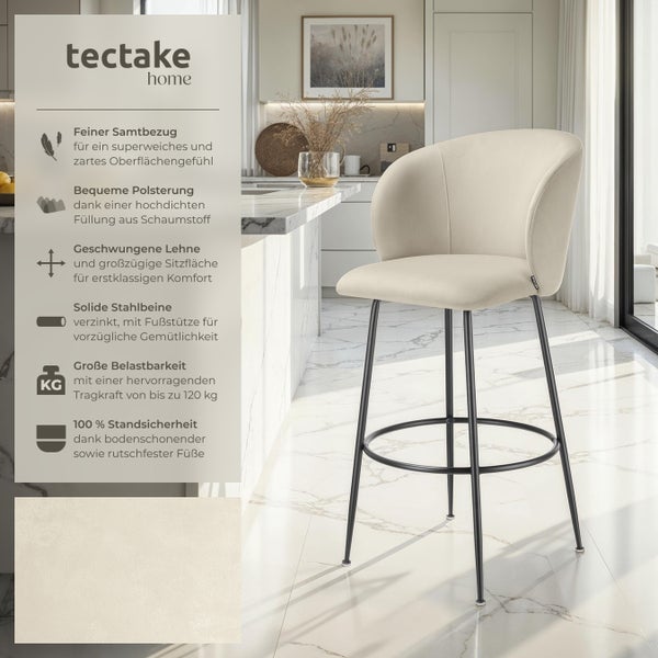 Barstuhl tectake Luana 51 x 60 x 106 cm, Belastbarkeit 120 kg in Samtoptik, gepolstert creme/schwarz