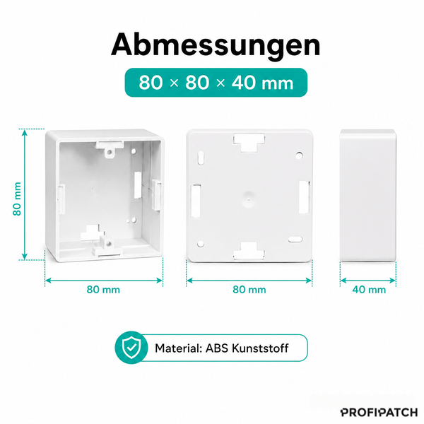 Abmessungen einer Aufputzdose aus Kunststoff von Profipatch: 80 mal 80 mal 40 Millimeter.