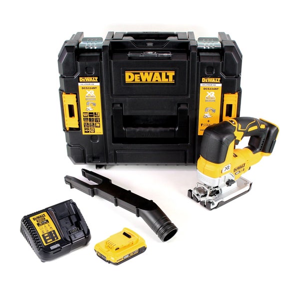 DeWalt Akku-Stichsäge-Set mit Stichsäge, Systemkoffer, Akku, Ladegerät und Absaugstutzen.