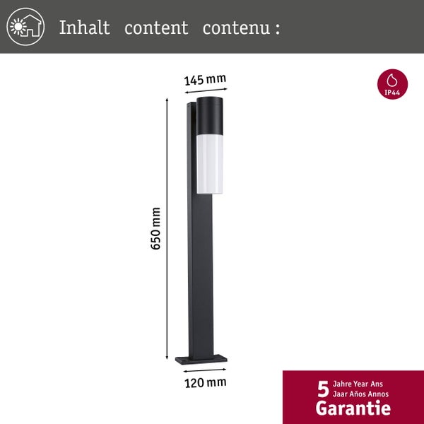 Schwarze Außenstehleuchte, Höhe 650 Millimeter, Breite 145 Millimeter, Fuß 120 Millimeter, Schutzart IP44, 5 Jahre Garantie.