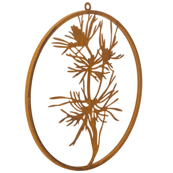 Dekohänger aus Metall in Edelrost-Optik mit Distel-Motiv im ovalen Rahmen.