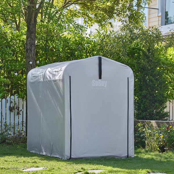 Fahrradgarage aus Gewebeplane im Garten mit SoBuy Logo