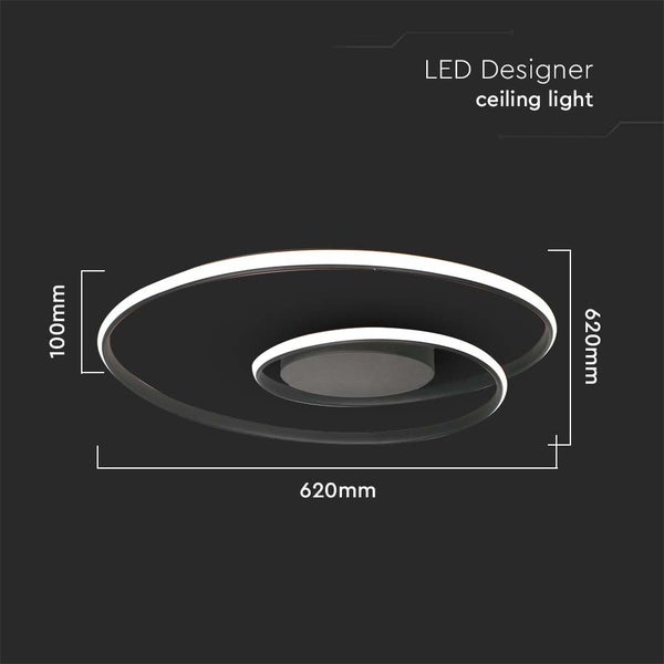 LED Designer Deckenleuchte mit den Maßen 620 mm mal 620 mm und einer Höhe von 100 mm.