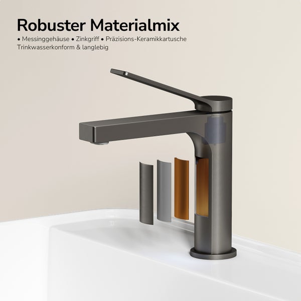Waschtischarmatur im Querschnitt mit Messinggehäuse, Zinkgriff und Keramikkartusche. Trinkwasserkonform und langlebig.