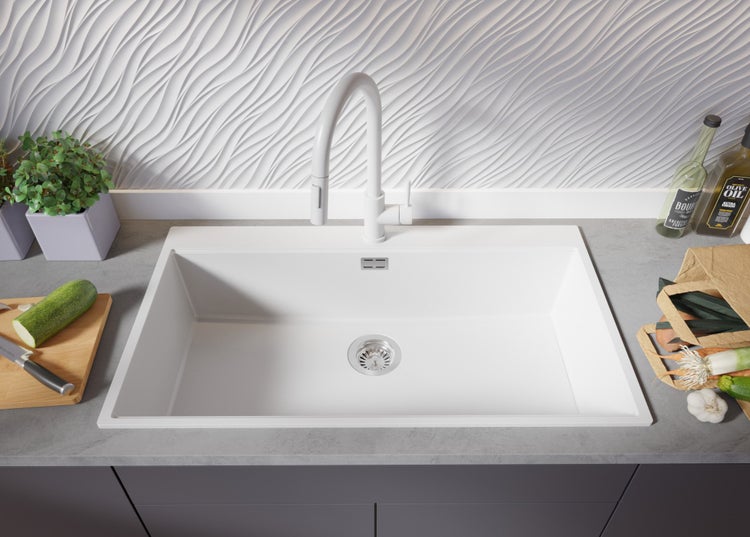 PRIMAGRAN Spülbecken Weiß 88x50cm, Granitspüle 1 Becken + Ablauf-Set + Schneidebrett, Küchenspüle ab 90er Unterschrank - Oslo
