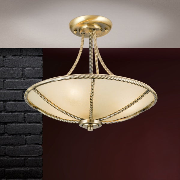Deckenleuchte im rustikalen Stil mit Metallrahmen in Seiloptik und Glasschirm für eine wohnliche Beleuchtung.