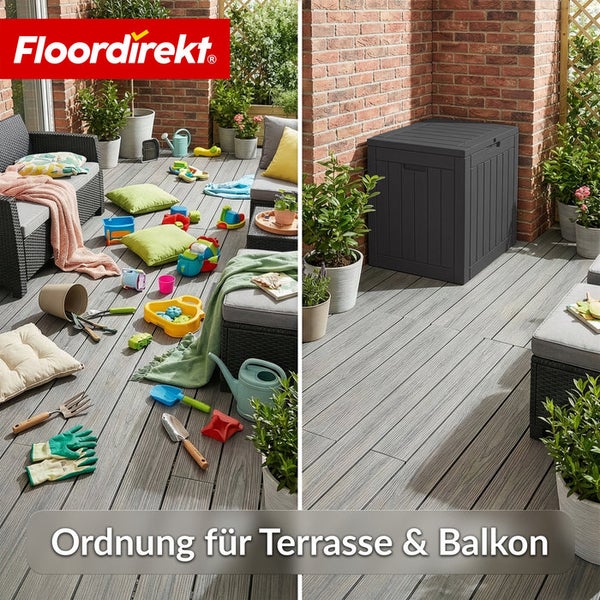 Vorher-Nachher-Ansicht einer Terrasse mit Spielzeug und einer Aufbewahrungsbox von Floordirekt