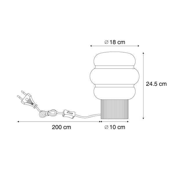 Tischleuchte mit Maßen: Höhe 24,5 Zentimeter, Schirmdurchmesser 18 Zentimeter, Sockeldurchmesser 10 Zentimeter, Kabellänge 200 Zentimeter.