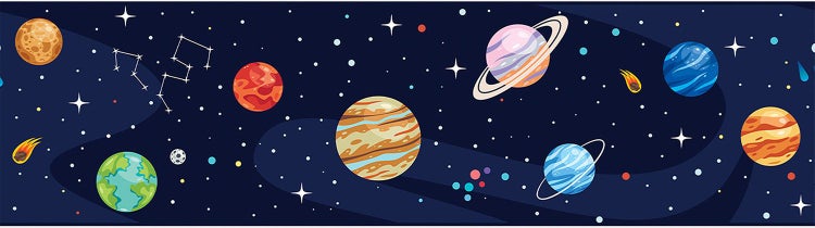 Dekorative Tapetenborte mit Weltraum-Motiv, verschiedenen Planeten, Sternen, Sternbildern und Kometen.