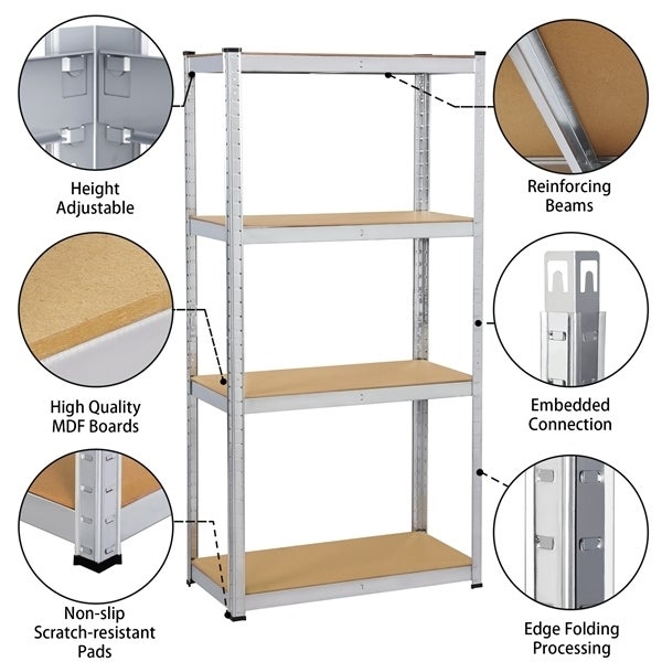 Schwerlastregal aus Metall mit vier Holzfaserplatten, höhenverstellbar, inklusive Verstärkungstraversen, einfachem Stecksystem und Bodenschonern.