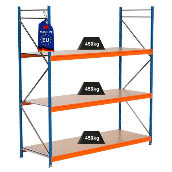 Lagerregal mit drei Ebenen und 450 Kilogramm Traglast je Ebene sowie Made in EU Siegel