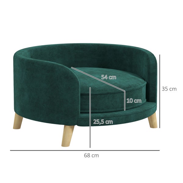 PawHut Hundesofa, Haustiersofa mit Samtoptik, Katzensofa mit Kissen, Hundebett, Hundecouch mit Erhöhtem Design, Hundesessel mit Holzbeine, Grün, 68 x 68 x 35 cm